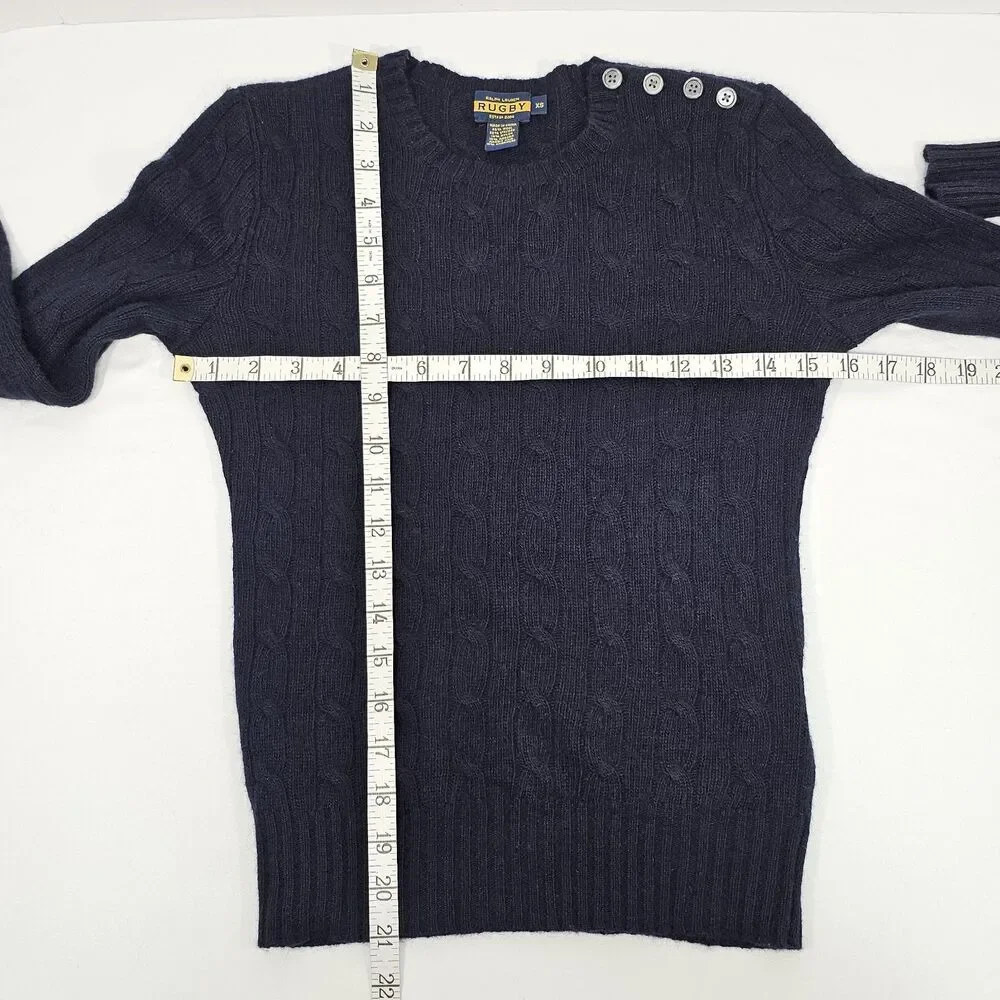 Vintage Y2K RL Rugby Navy Blue Cable Knit Shoulder Button Sweater XS Preppy